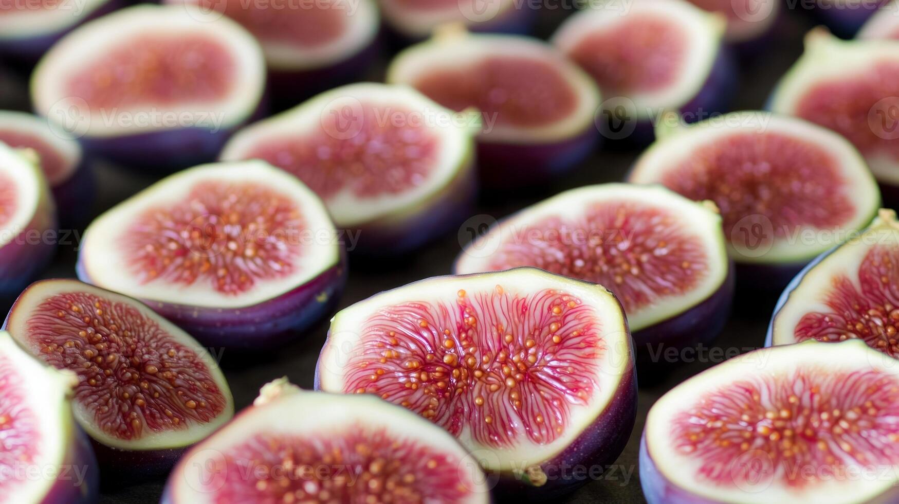 Rows of perfectly aligned halved figs, the deep purple skins and pink centers forming a rich, detailed pattern photo