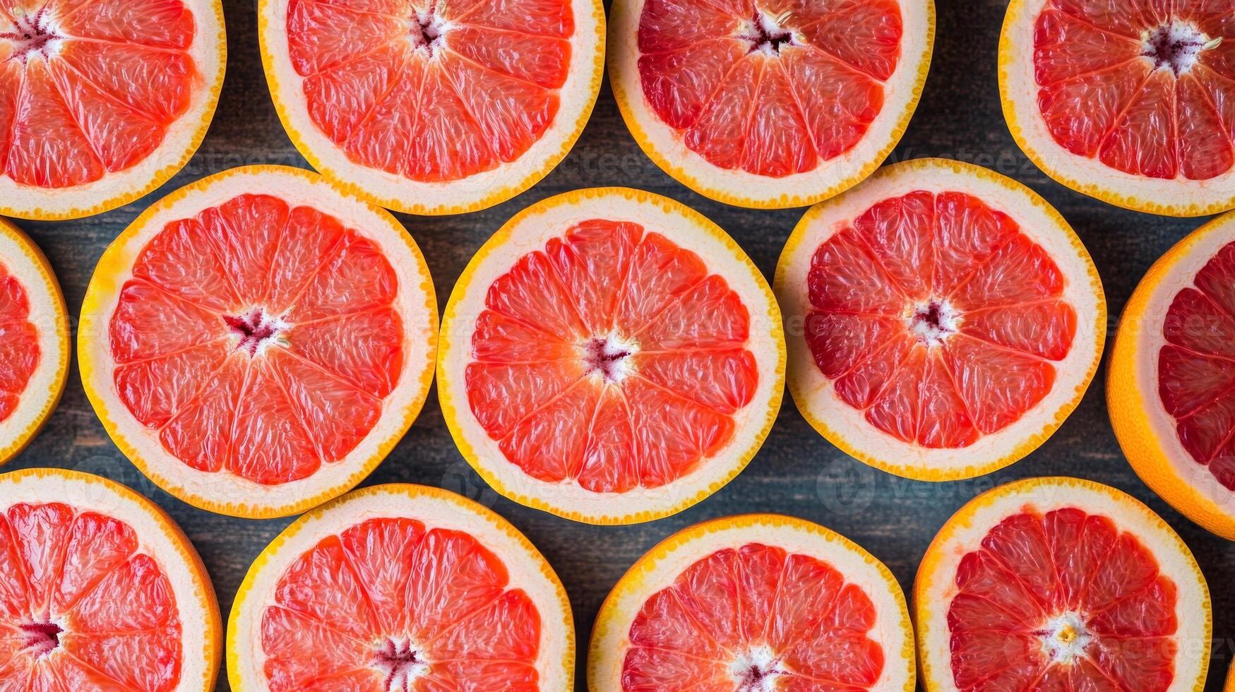Top view of neatly arranged red grapefruit halves, creating a bold and colorful repeating circular pattern photo