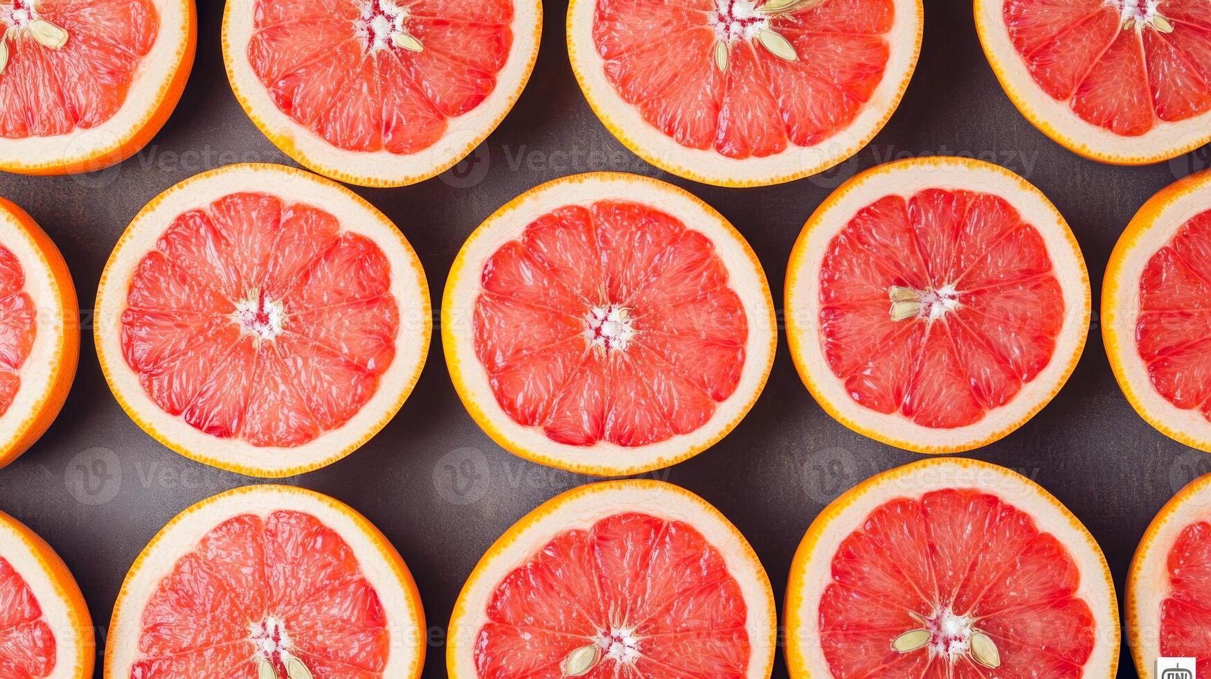 Top view of neatly arranged red grapefruit halves, creating a bold and colorful repeating circular pattern photo