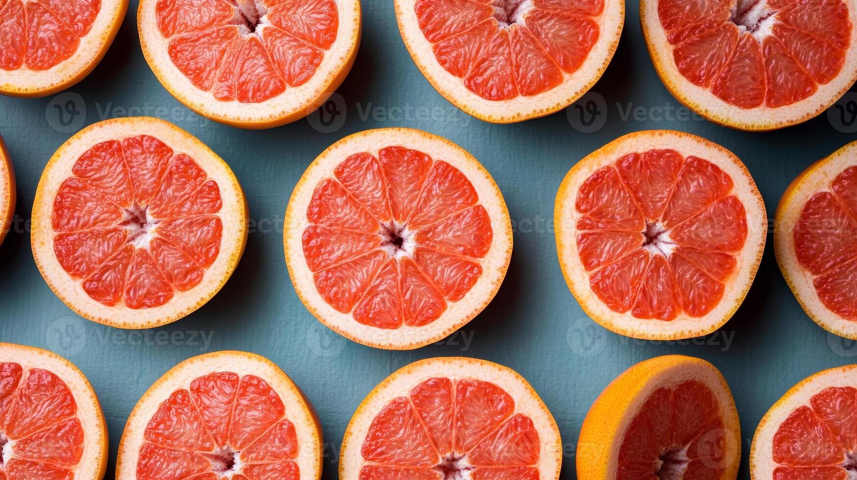 Top view of neatly arranged red grapefruit halves, creating a bold and colorful repeating circular pattern photo