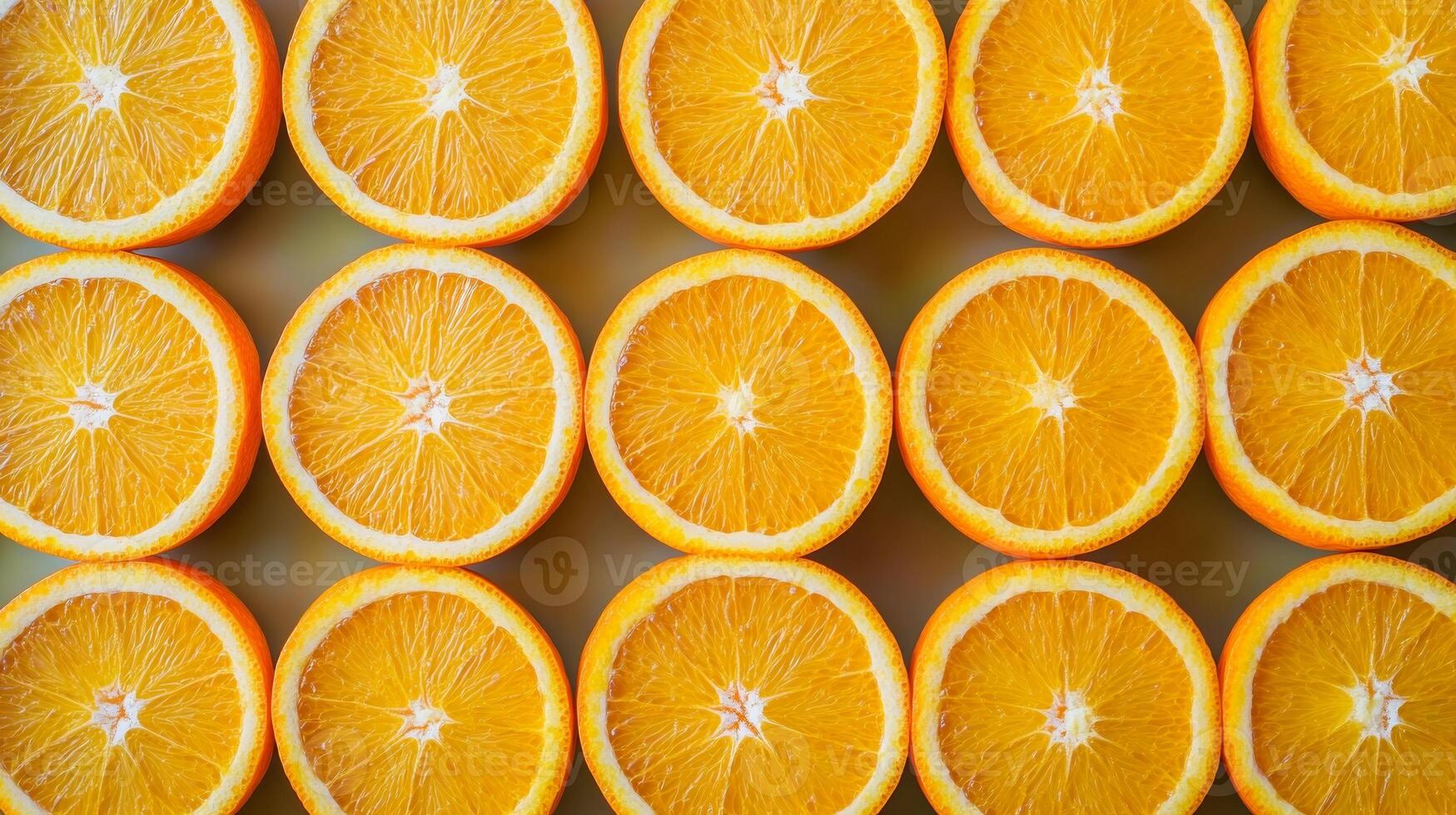 Top view of perfectly aligned rows of bright orange slices, filling the frame with a vibrant citrus pattern photo