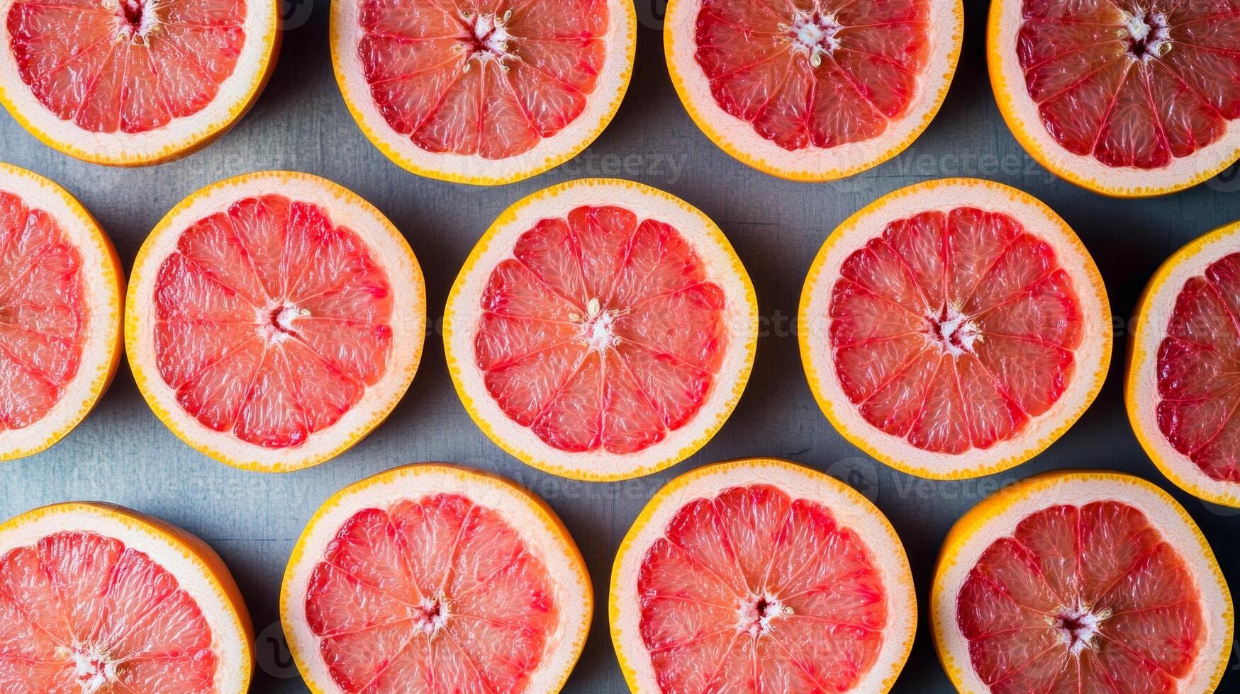 Top view of neatly arranged red grapefruit halves, creating a bold and colorful repeating circular pattern photo