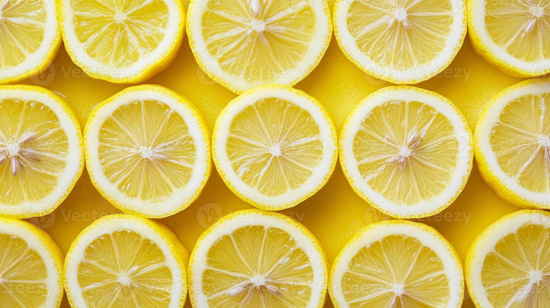 Top view of rows of lemon slices creating a repeating yellow pattern, with sharp contrasts between the rind and flesh photo