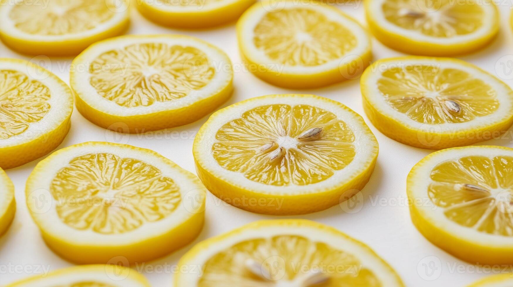 Top view of rows of lemon slices creating a repeating yellow pattern, with sharp contrasts between the rind and flesh photo