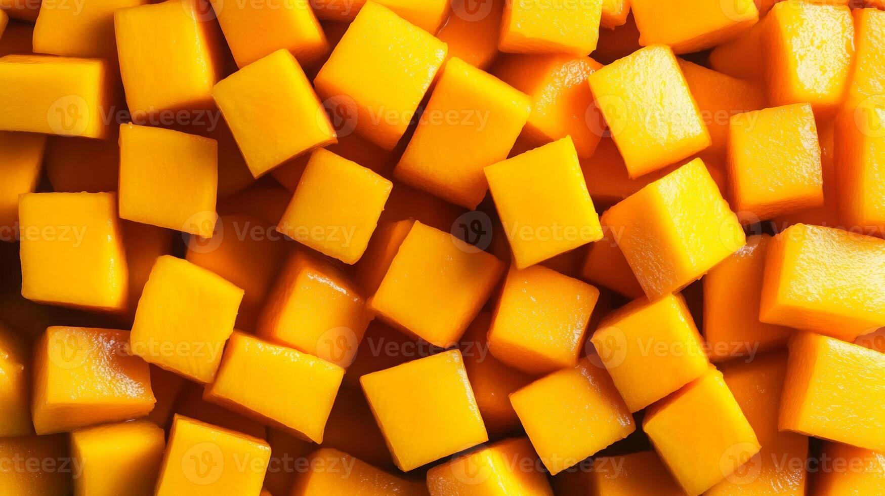 Top-down view of neatly arranged orange mango cubes, filling the frame with a vibrant, textured pattern photo