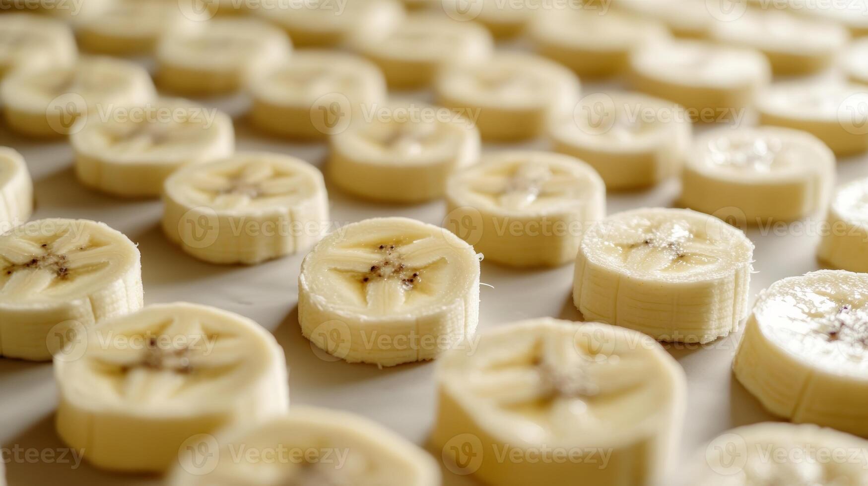Closeup of arranged rows of banana slices, their creamy color creating a soft repeating texture photo