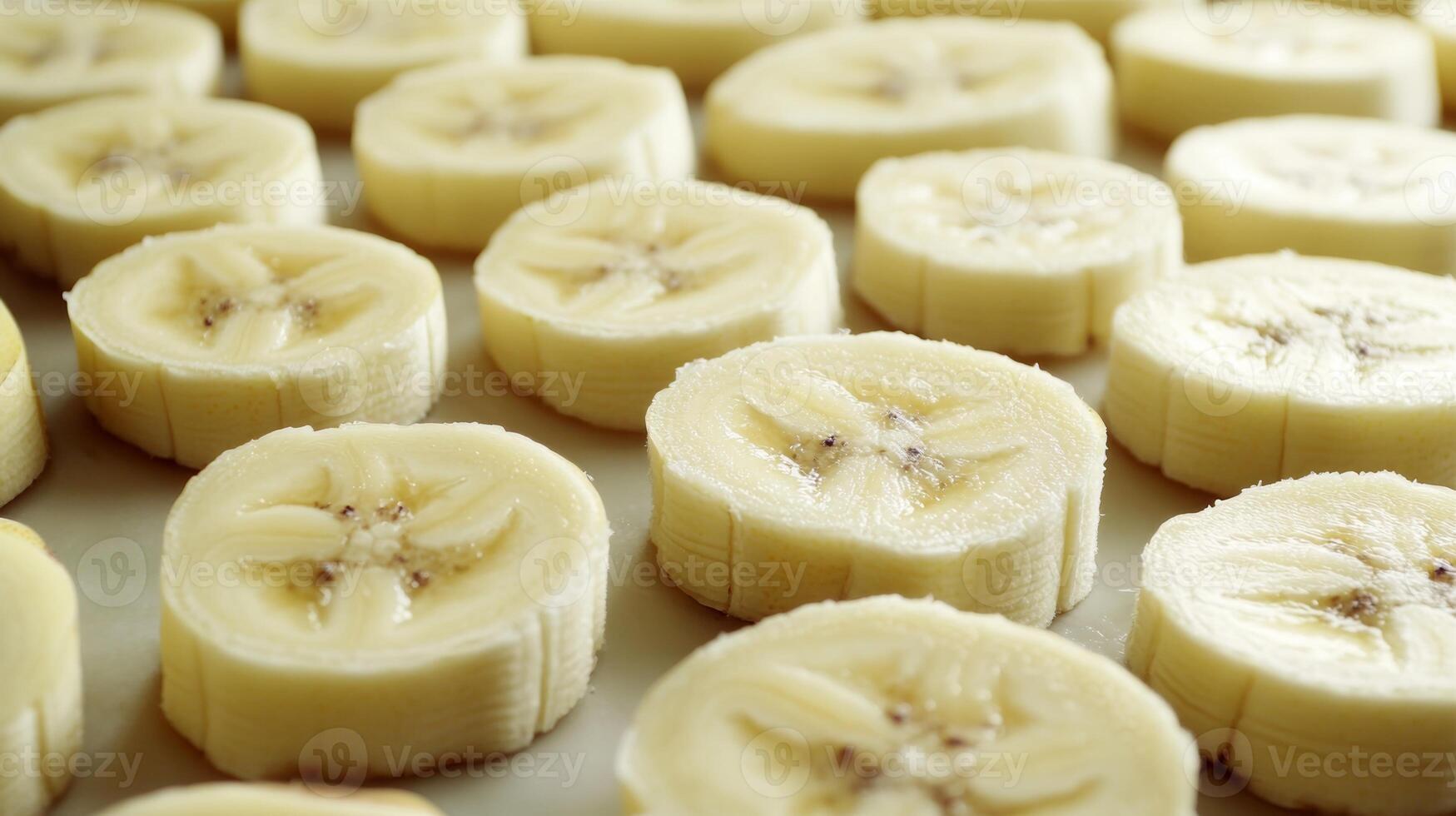 Closeup of arranged rows of banana slices, their creamy color creating a soft repeating texture photo