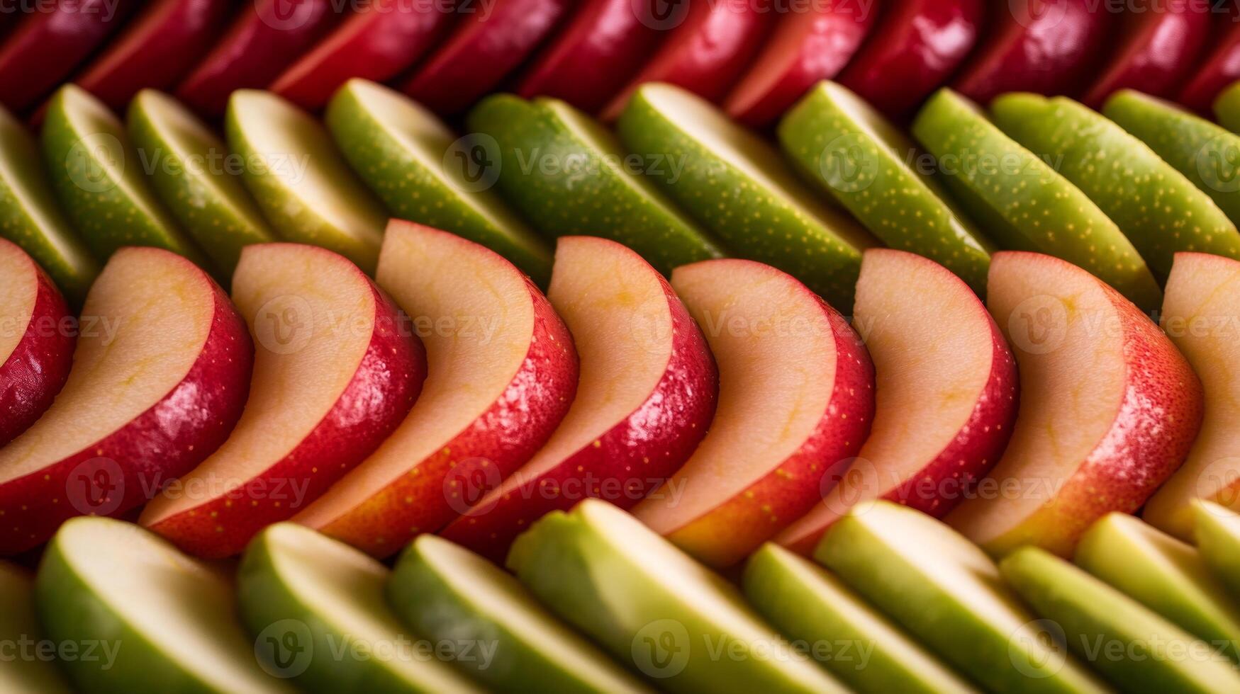 Closeup of rows of fresh apple slices, alternating between red and green for a striking pattern effect photo