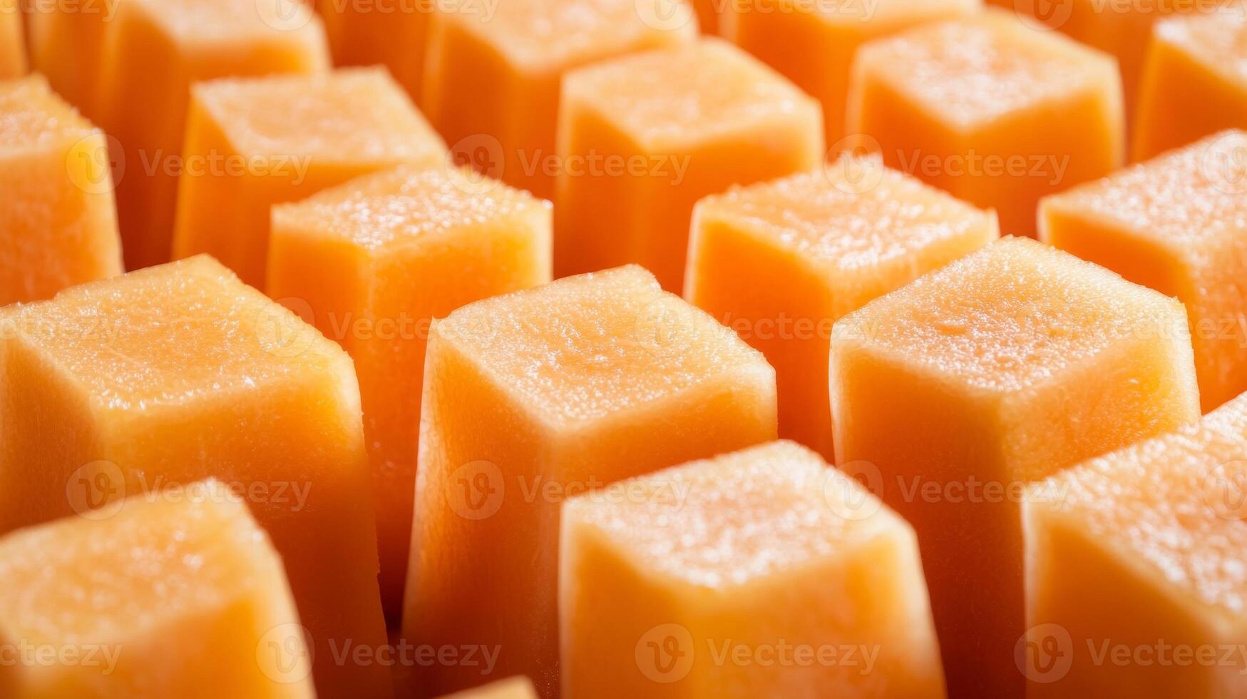 Closeup of perfectly aligned rows of orange cantaloupe cubes, filling the frame with a vibrant, textured pattern photo