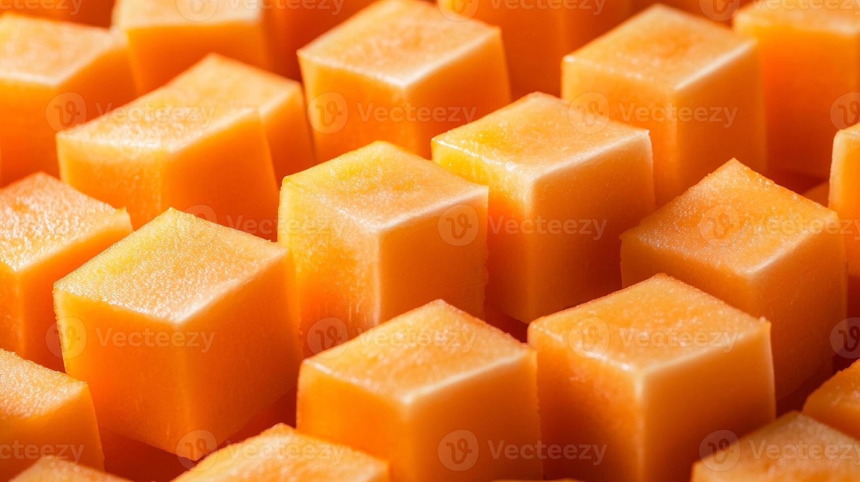 Closeup of perfectly aligned rows of orange cantaloupe cubes, filling the frame with a vibrant, textured pattern photo