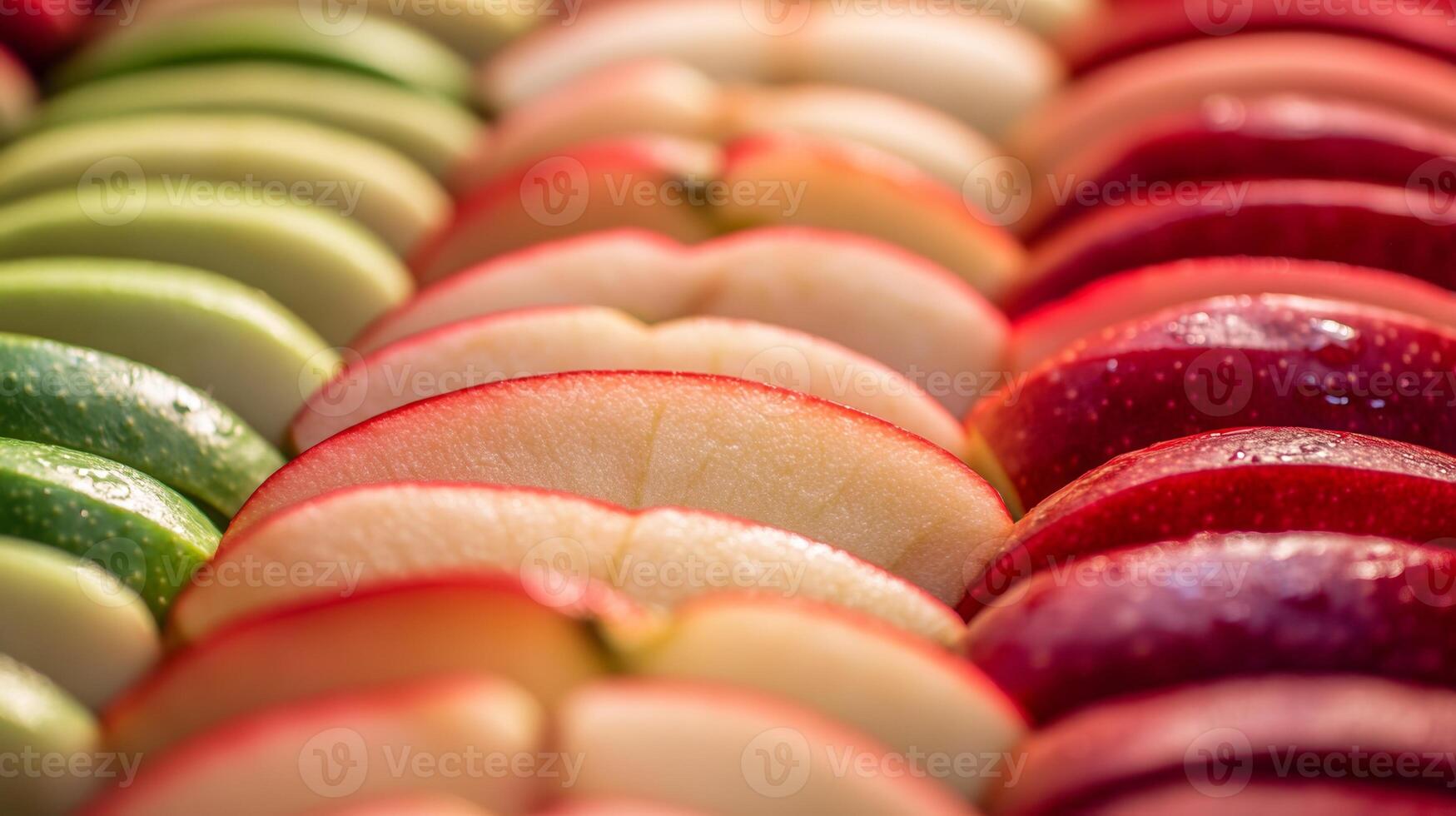 Closeup of rows of fresh apple slices, alternating between red and green for a striking pattern effect photo