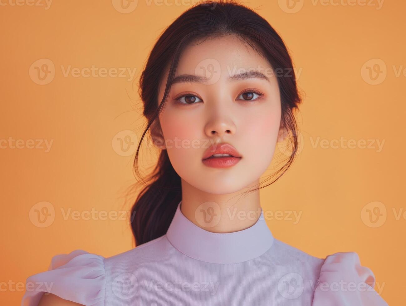 Close-up of a young Asian woman in a pale lavender dress, her expression calm, against a pastel orange background with copy space photo
