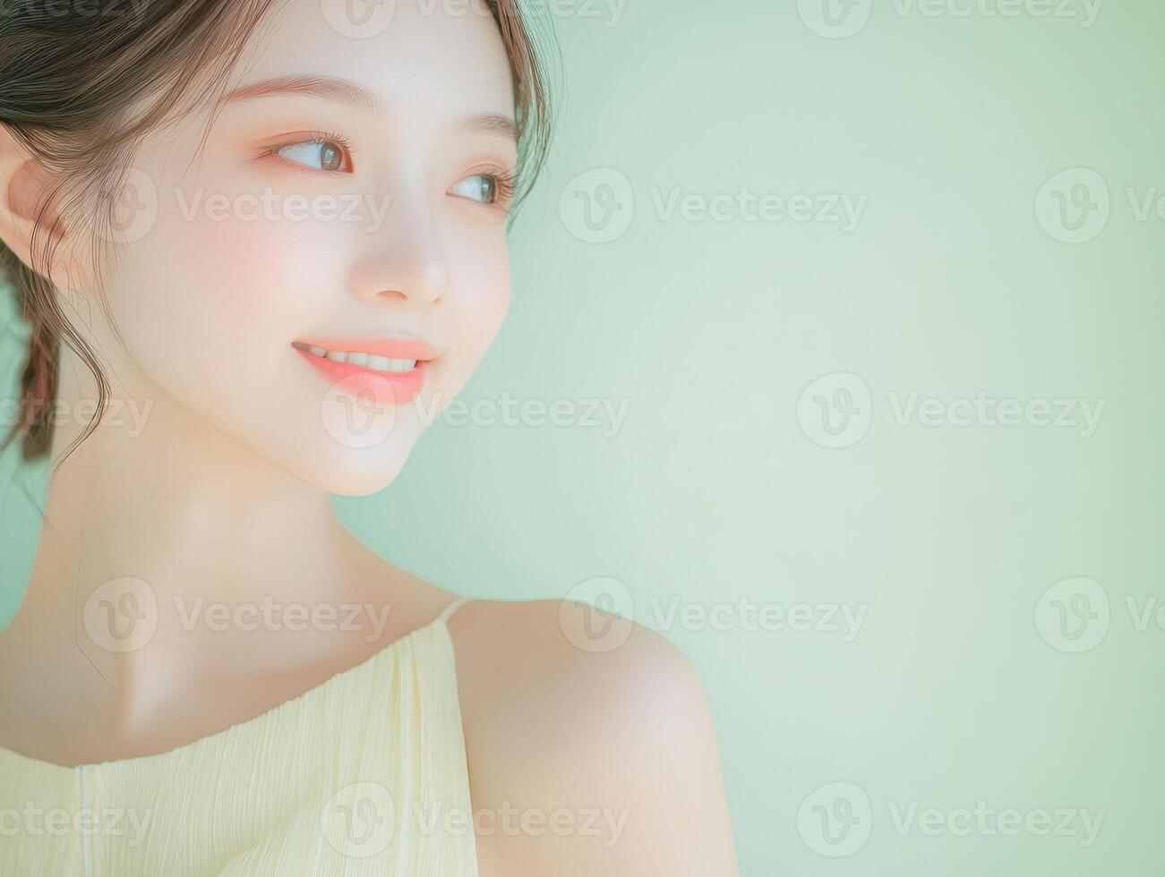 Close-up of a young Asian woman wearing a light pastel yellow dress, smiling softly, with a smooth pastel green background and copy space photo