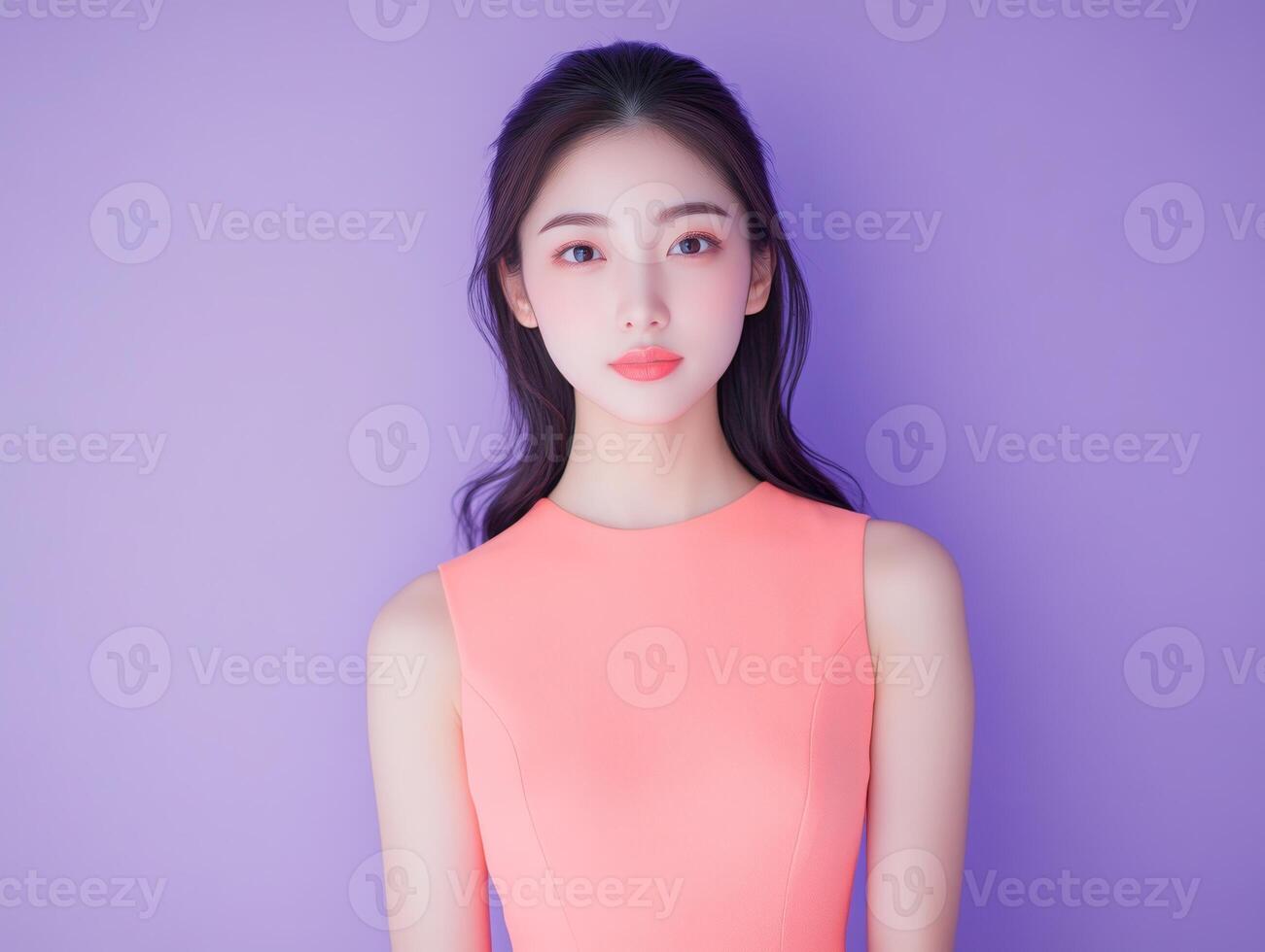 Elegant portrait of a young Asian woman in a coral pink dress, standing against a soft pastel purple background, with plenty of space for copy photo