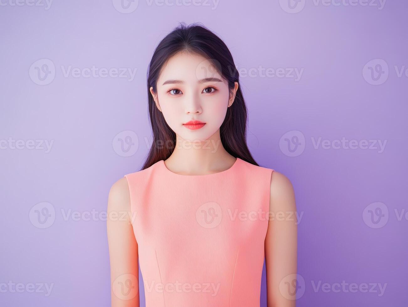 Elegant portrait of a young Asian woman in a coral pink dress, standing against a soft pastel purple background, with plenty of space for copy photo
