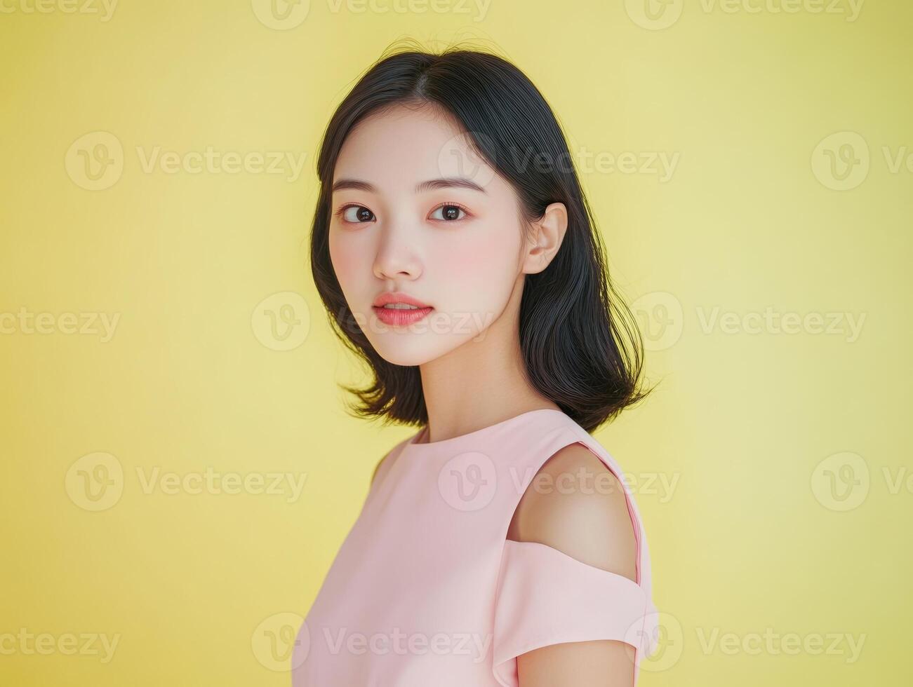 Serene portrait of a young Asian woman in a light pink dress, standing against a pastel yellow background, providing plenty of copy space photo