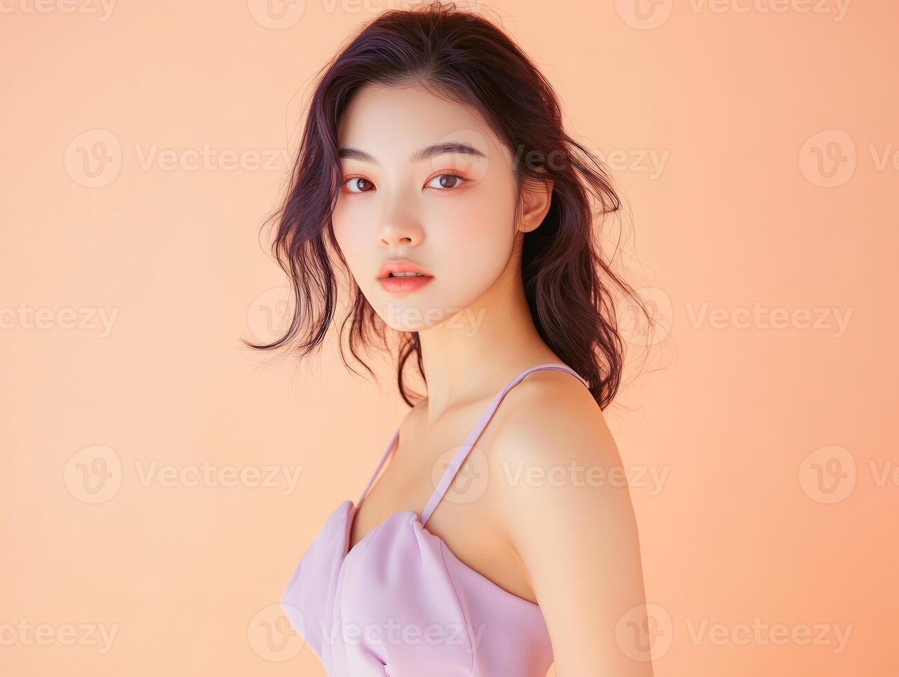 Beauty shot of a young Asian woman in a lavender dress, posing confidently against a pastel peach background, with plenty of copy space photo