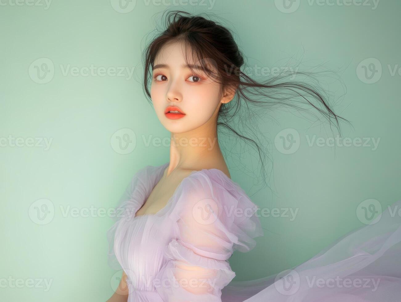 Beauty shot of a young Asian woman wearing a pastel lavender dress, posing against a soft pastel green background with ample copy space photo