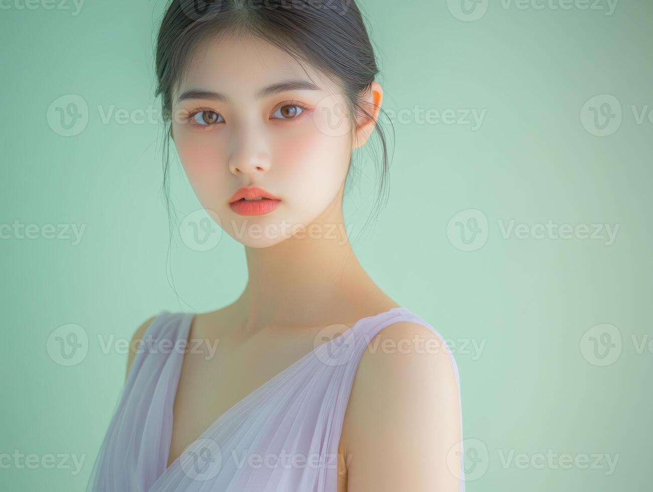 Beauty shot of a young Asian woman wearing a pastel lavender dress, posing against a soft pastel green background with ample copy space photo