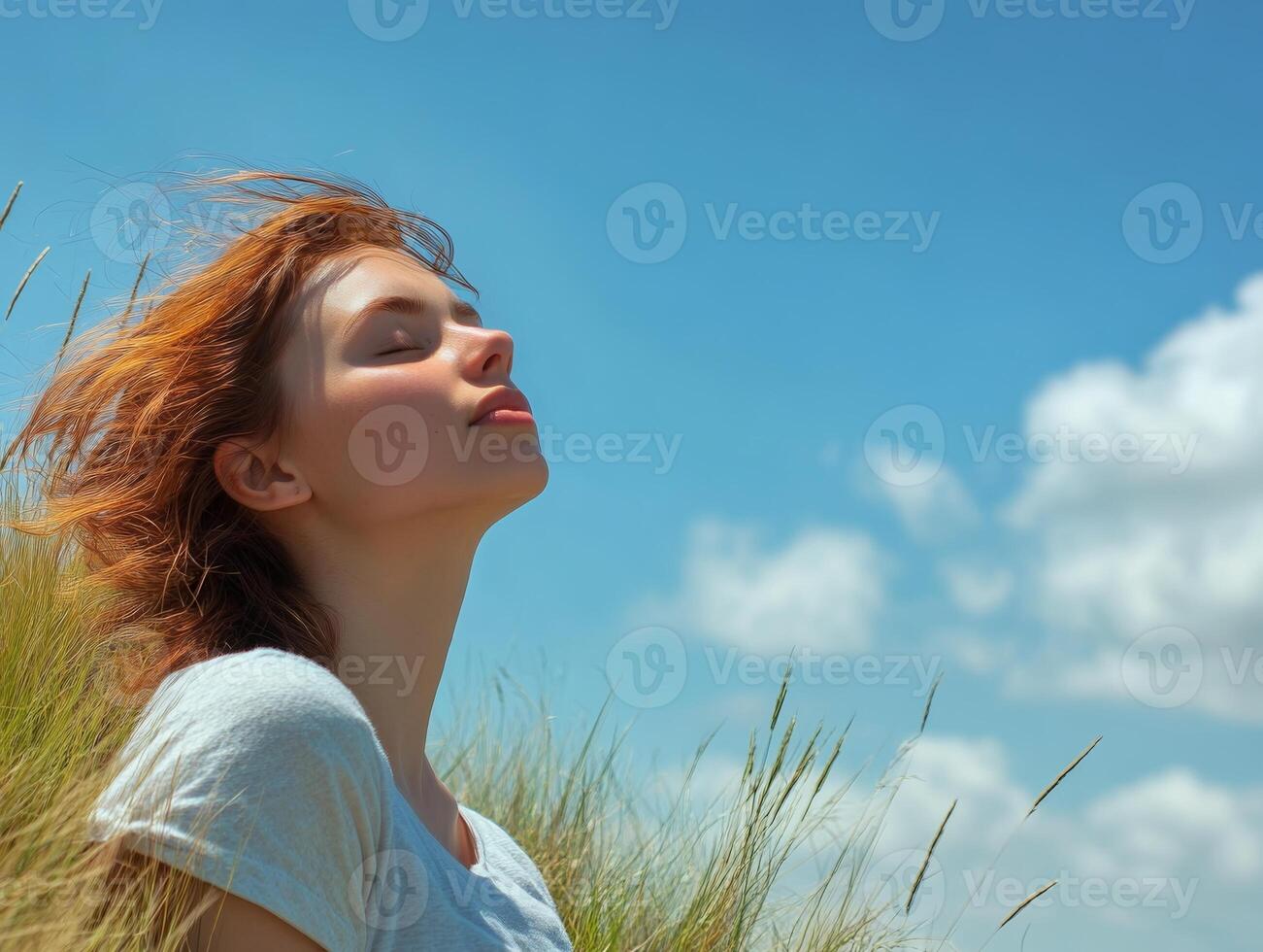 Woman on the edge of a grassy hill, eyes closed, enjoying the calmness of the open space, with wide copy space provided by the blue sky photo