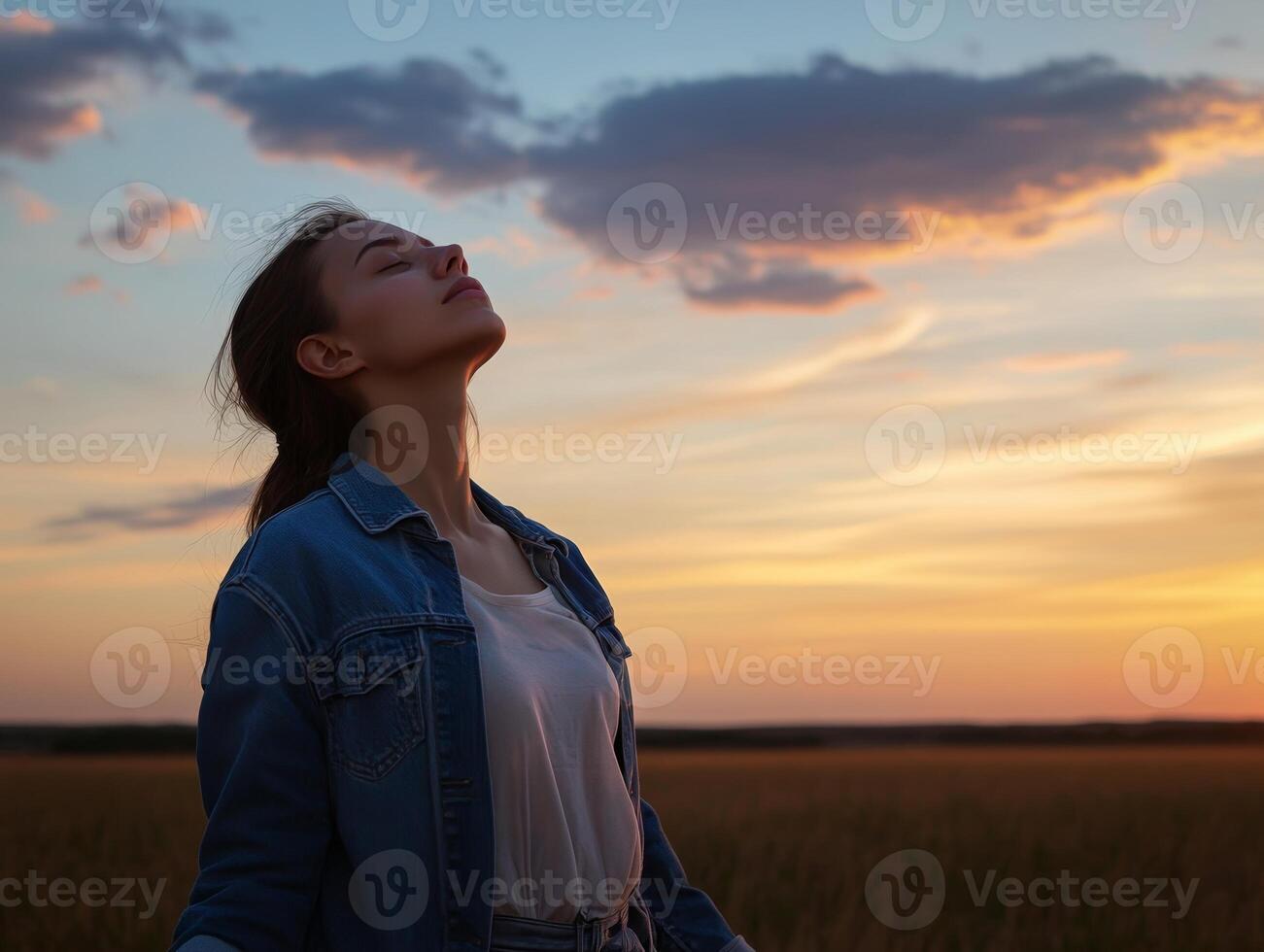 Woman standing in the countryside at sunset, eyes closed, arms open, breathing in the cool evening air, with ample sky and horizon for copy space photo