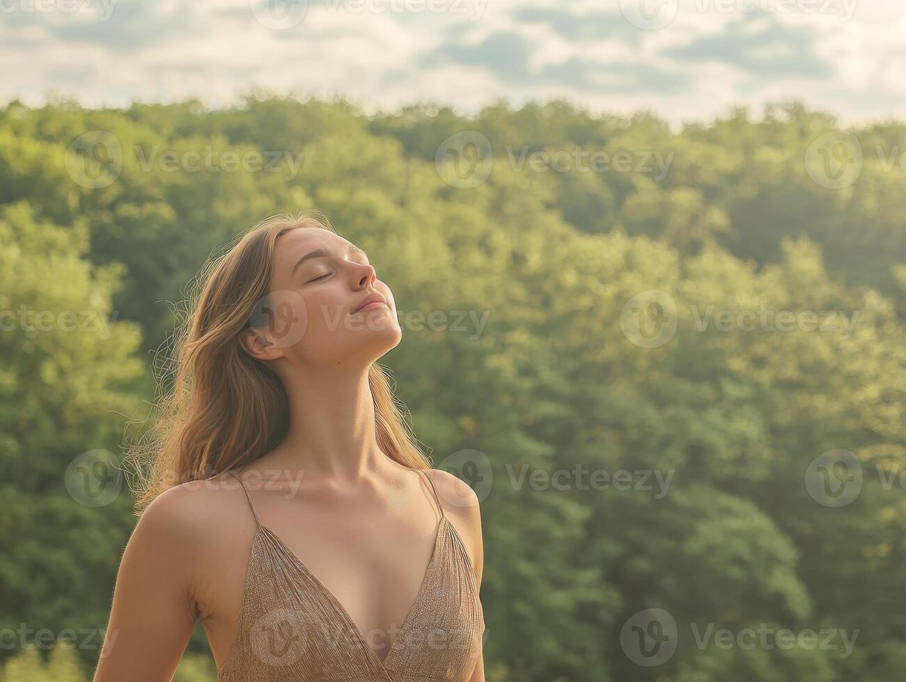 A woman in a sundress standing in the countryside, eyes closed, arms slightly raised, breathing deeply in front of a forest, with space for copy photo