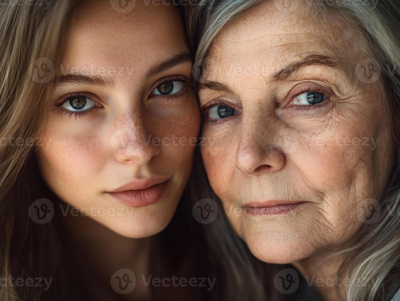 Close-up of two women, one in her twenties and one in her fifties, looking into the camera with warm expressions, contrasting their ages beautifully photo