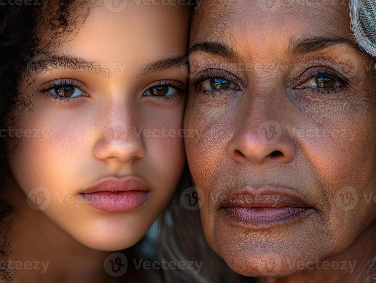 Close-up of two women, one young and the other more mature, their contrasting skin tones and ages highlighted by natural light photo