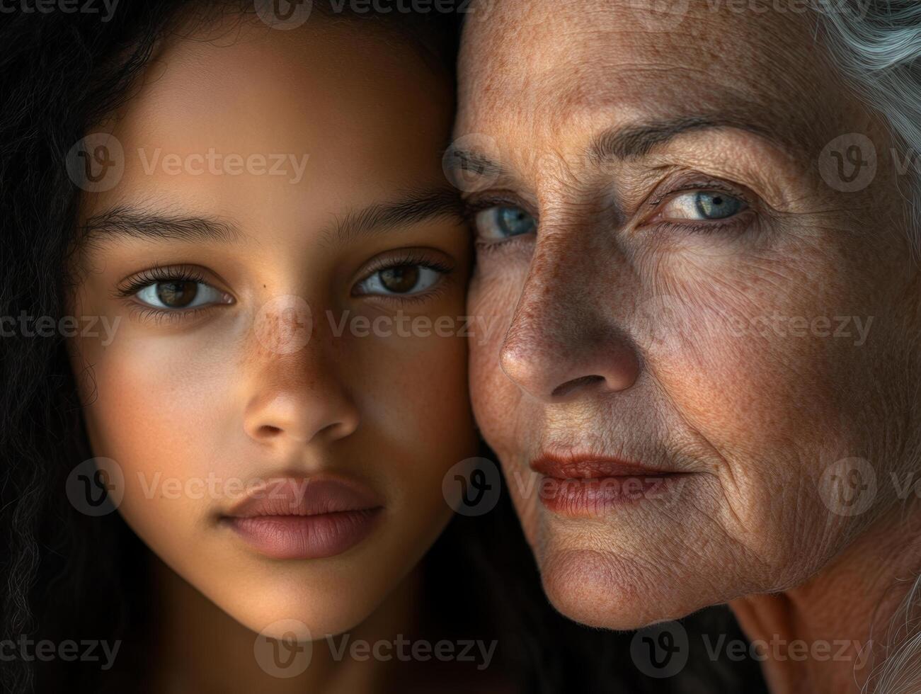Close-up of two women, one young and the other more mature, their contrasting skin tones and ages highlighted by natural light photo