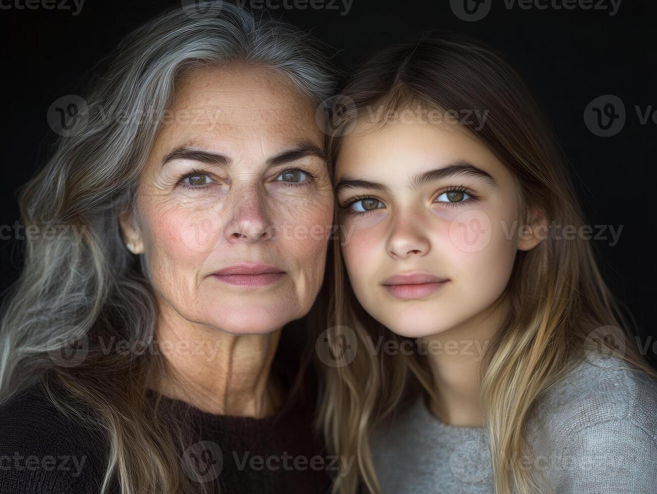 Portrait of a mature woman and a younger woman, both looking confident and beautiful, with their age difference highlighted subtly photo