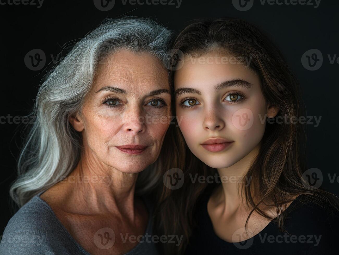 Portrait of a mature woman and a younger woman, both looking confident and beautiful, with their age difference highlighted subtly photo
