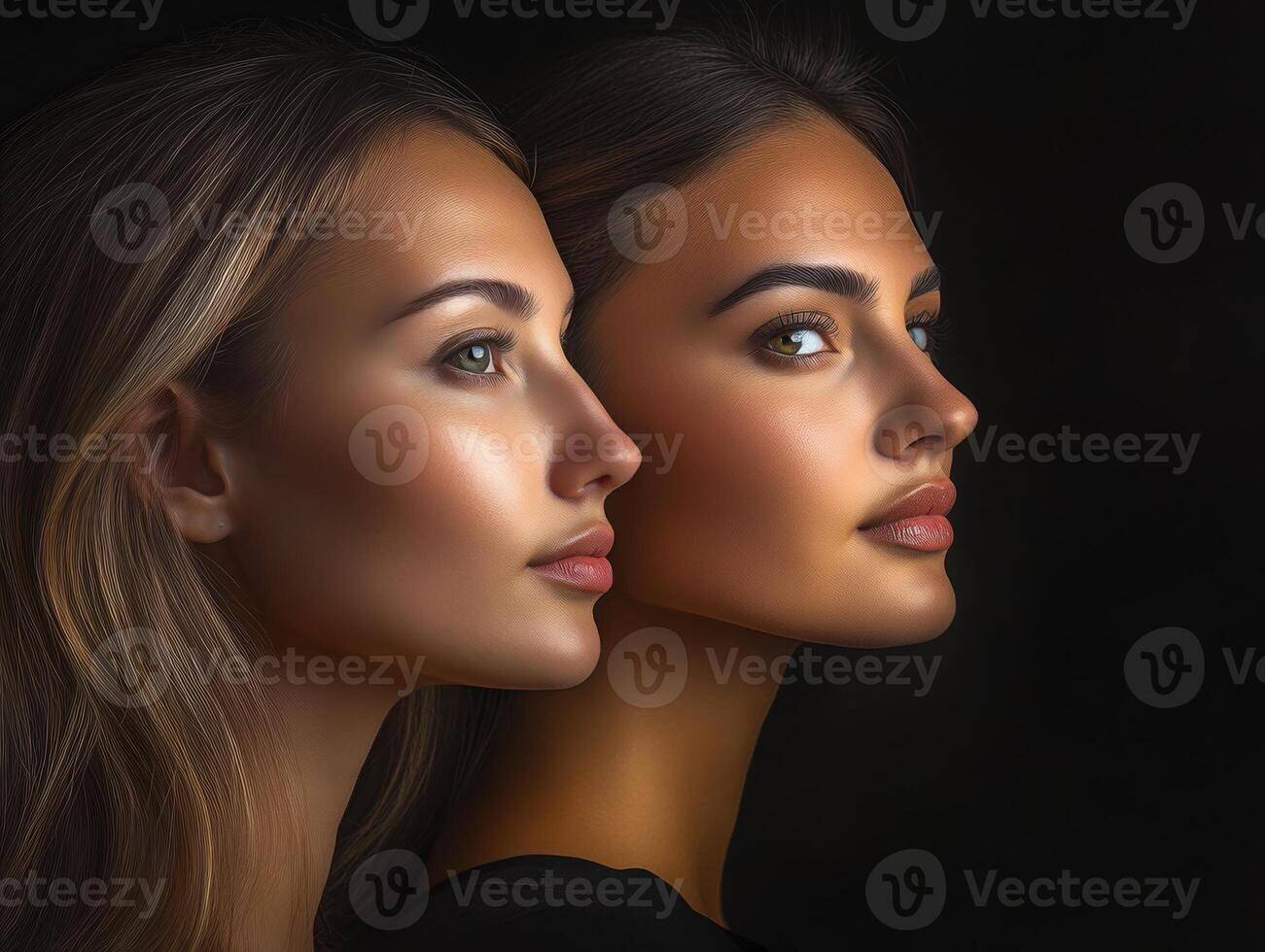 Portrait of two beautiful women of different ages, looking in different directions, showcasing elegance and diversity in appearance photo