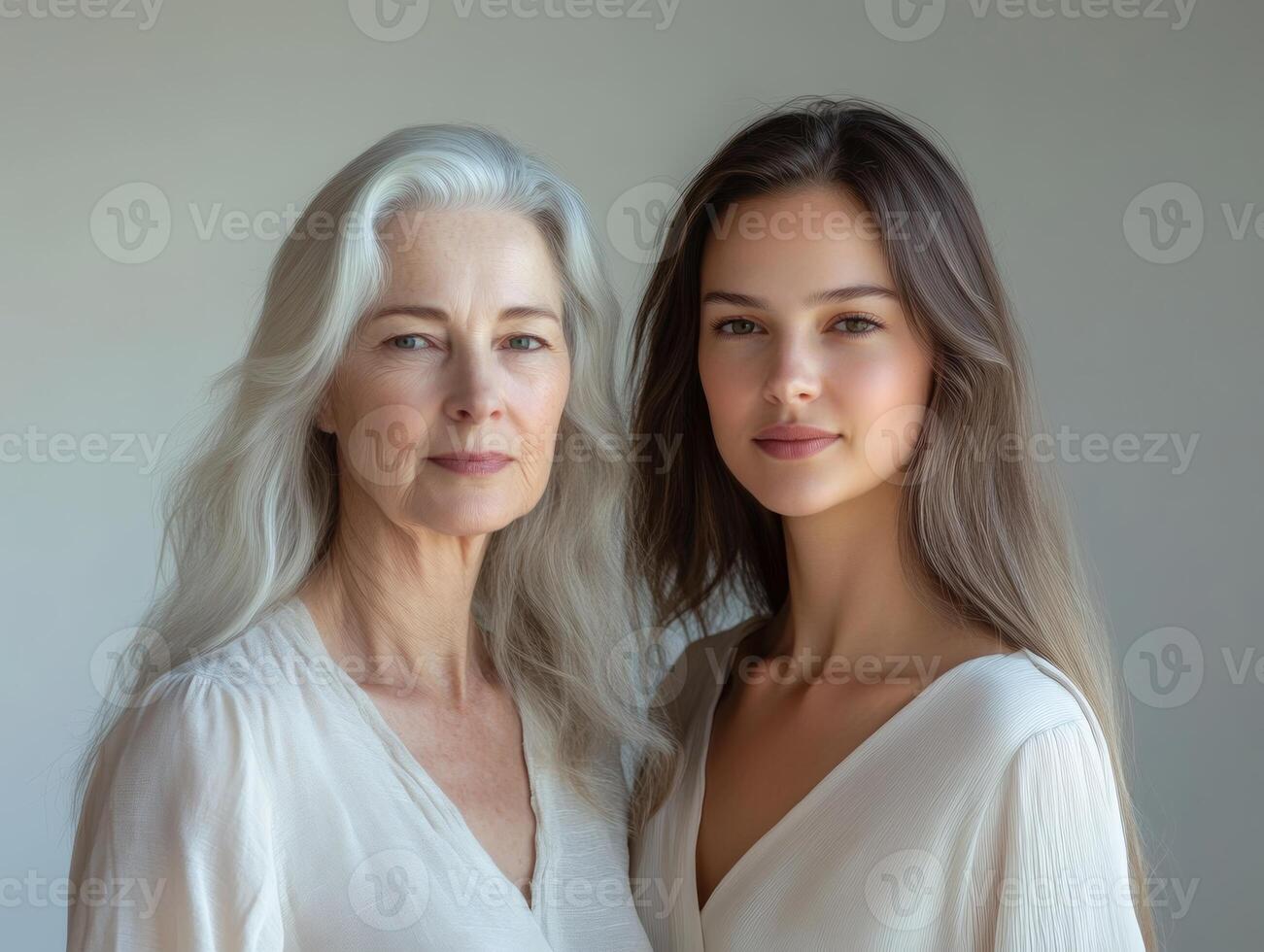 Portrait of two beautiful women, one older and one younger, standing in a relaxed pose, their expressions soft and serene photo