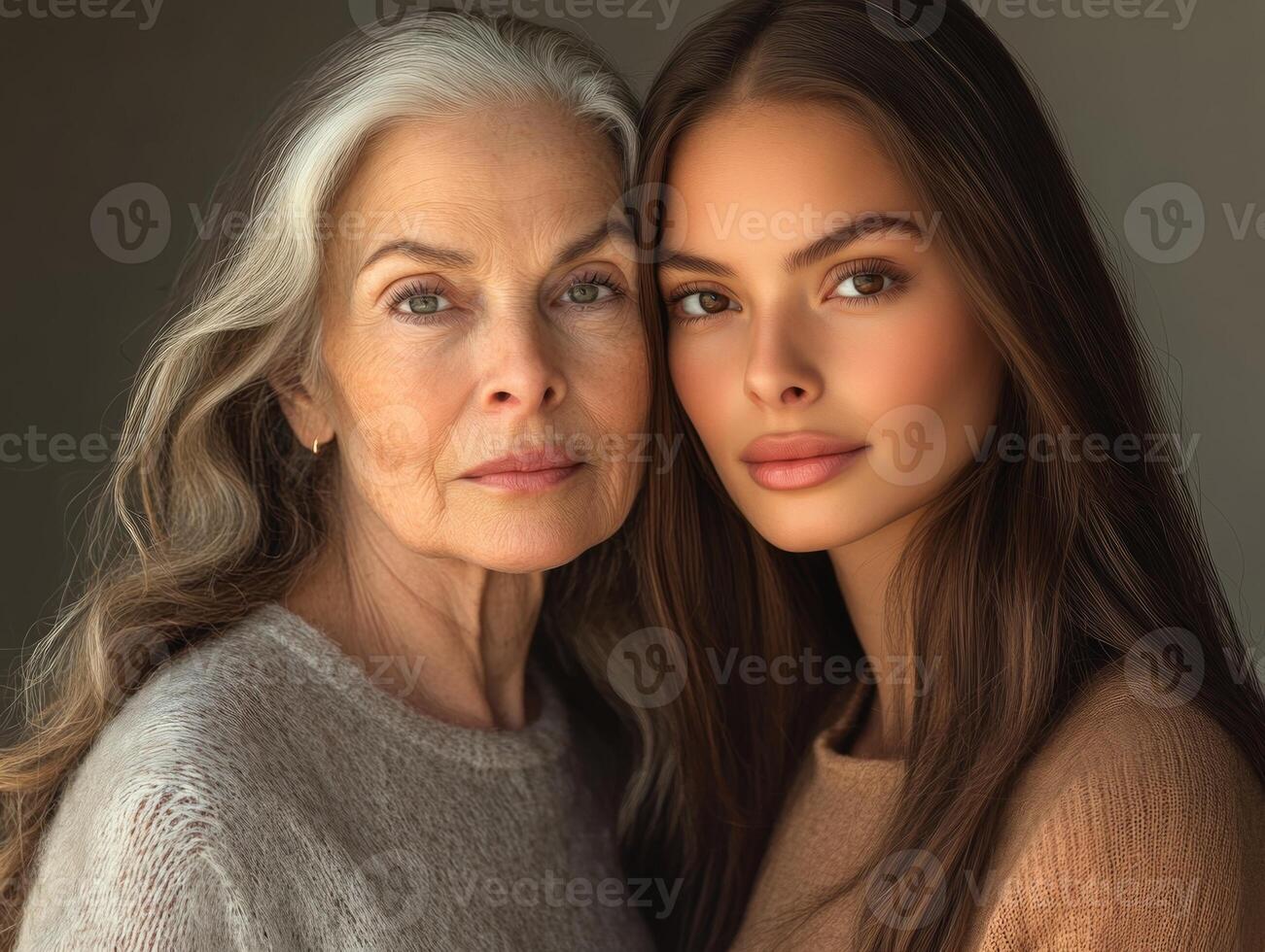 Portrait of two beautiful women, one older and one younger, standing in a relaxed pose, their expressions soft and serene photo