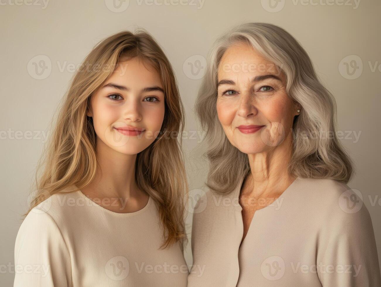 Portrait of two beautiful women, one younger and one older, standing side by side, smiling, with a soft neutral background photo
