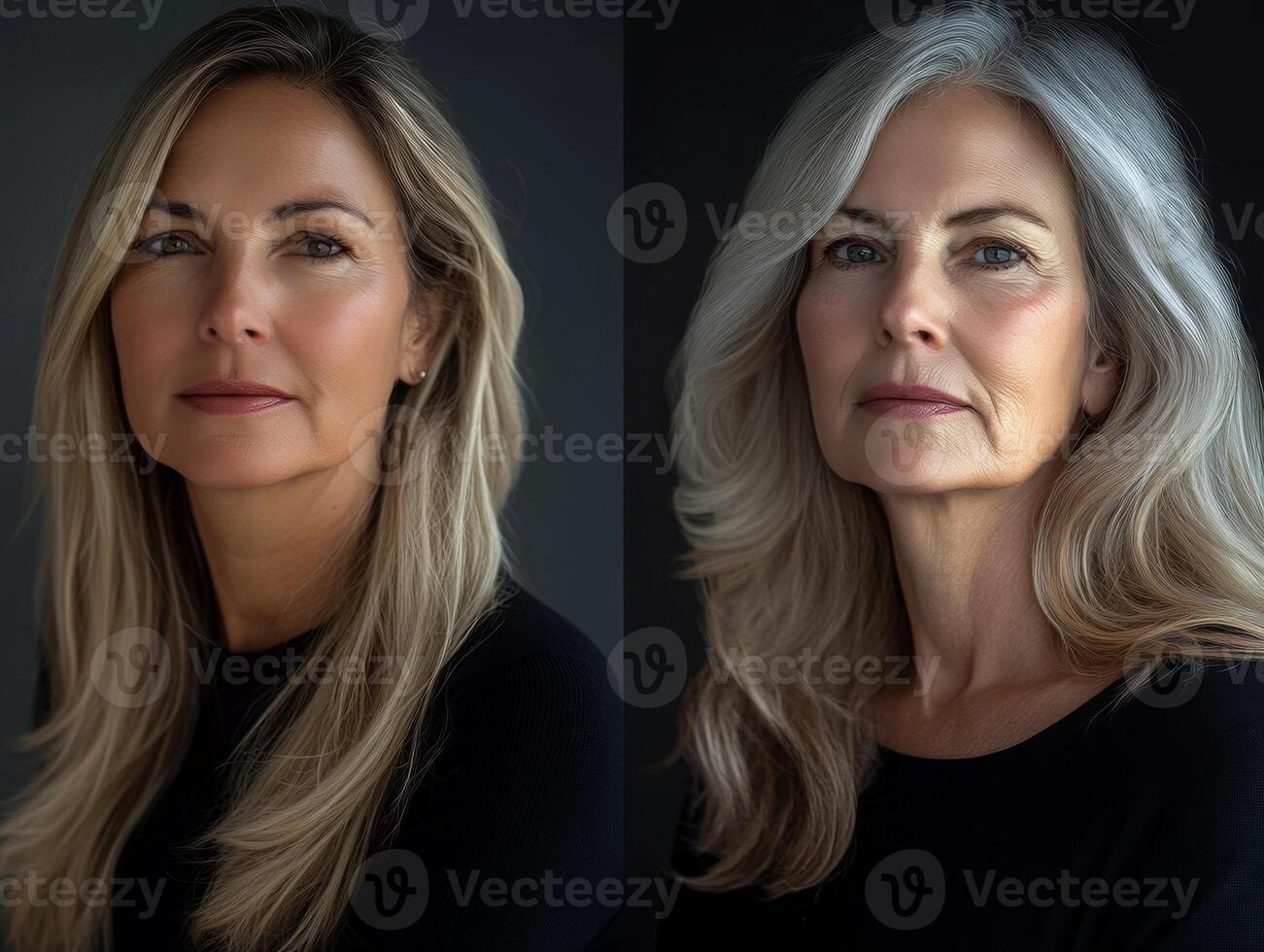 Side-by-side portrait of two women, one middle-aged and one in her sixties, both looking calm and radiant, with a soft studio background photo
