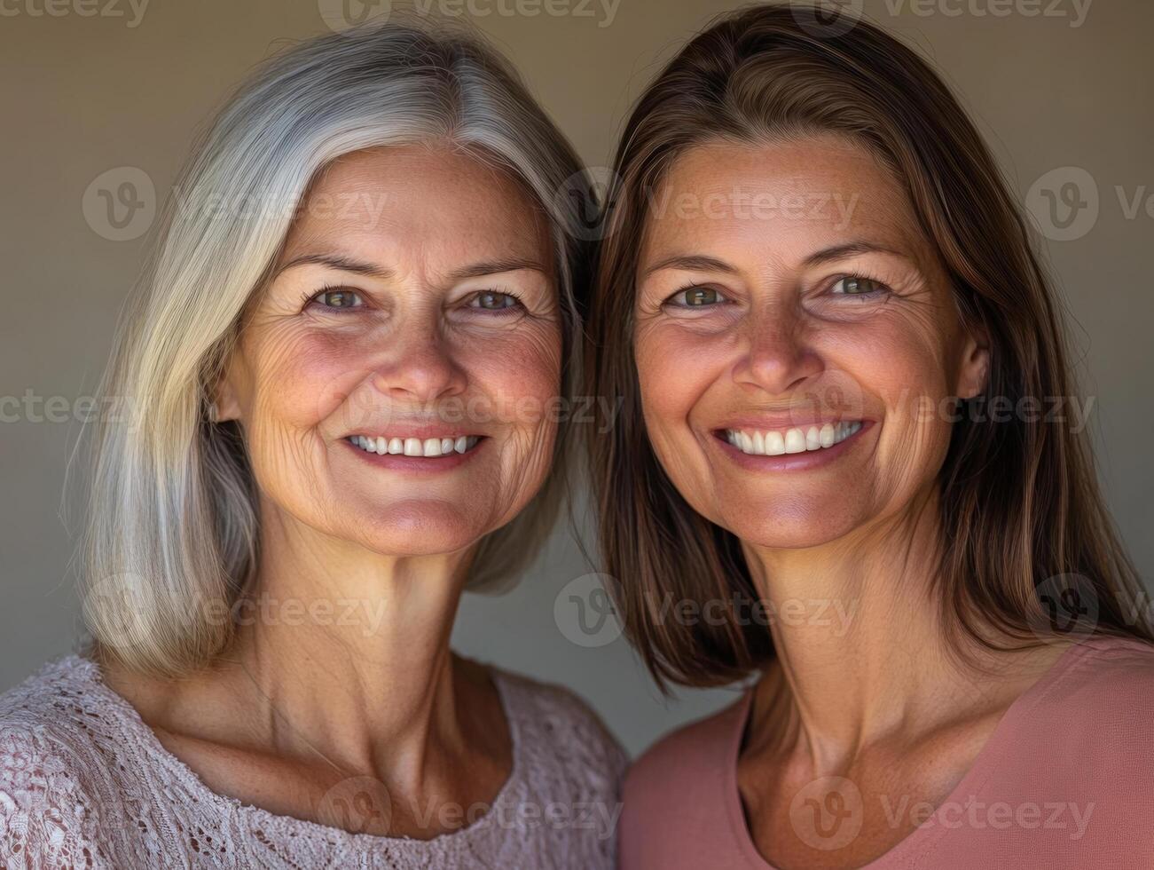 Smiling portrait of two women from different generations, standing next to each other, their facial expressions showing warmth and connection photo