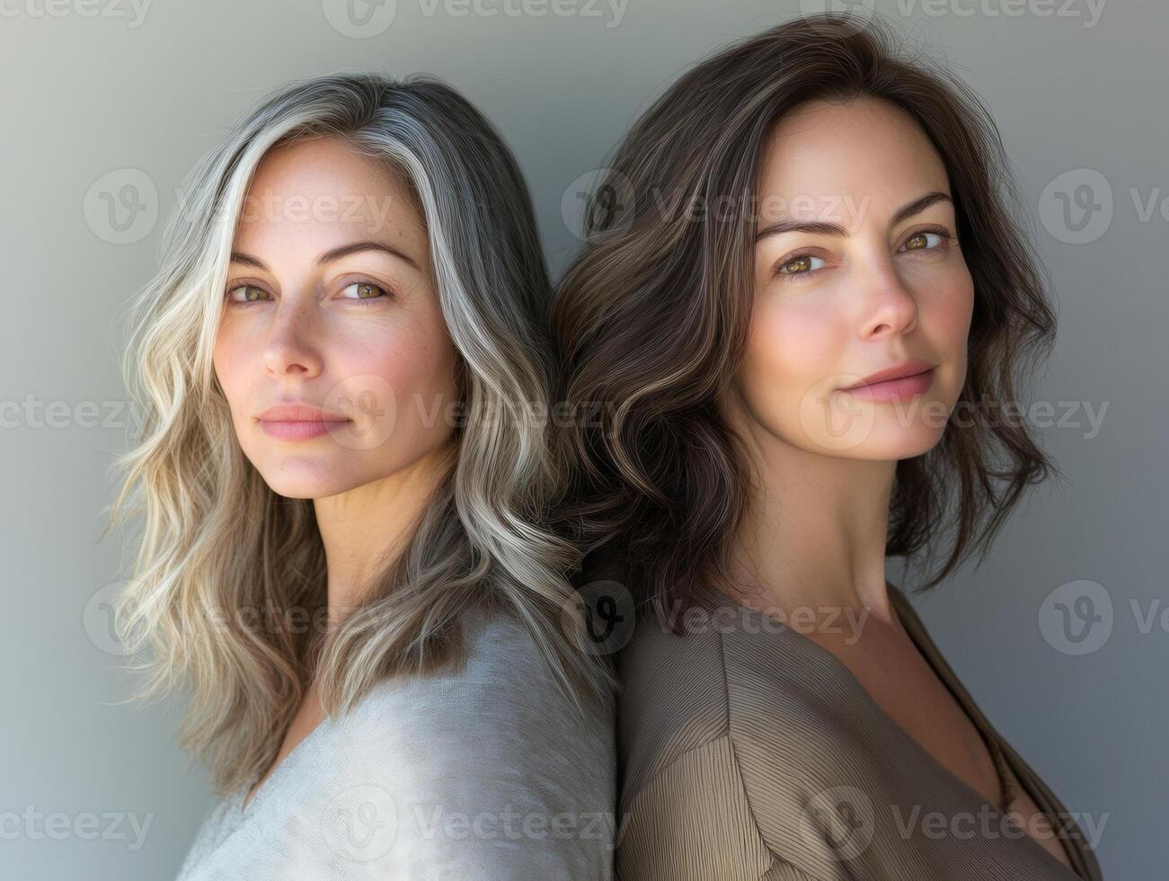 Two beautiful women of different ages, softly lit, showing a natural and timeless beauty, standing in front of a simple background photo