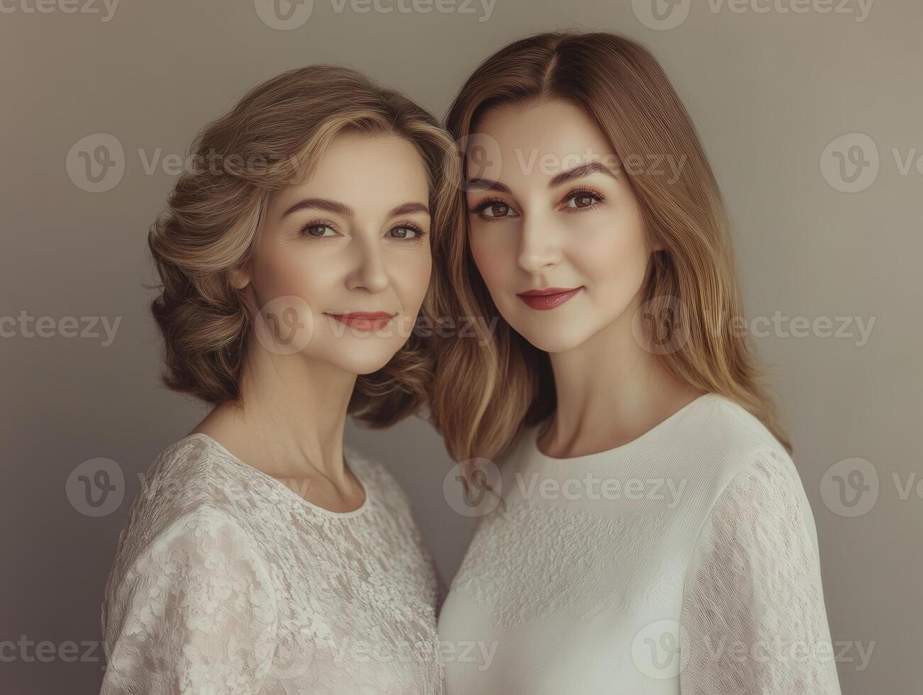 Two beautiful women of different ages, softly lit, showing a natural and timeless beauty, standing in front of a simple background photo