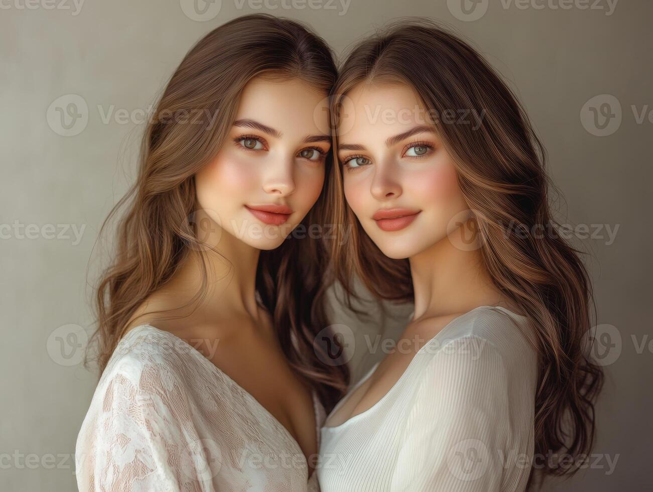 Two beautiful women of different ages, softly lit, showing a natural and timeless beauty, standing in front of a simple background photo