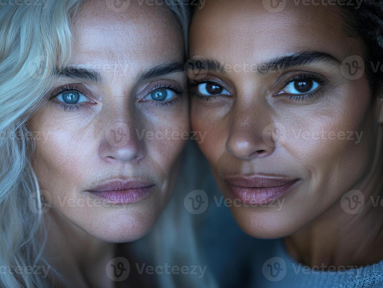Two women from different generations, standing close, their faces illuminated softly, with a clean background emphasizing their unique beauty photo