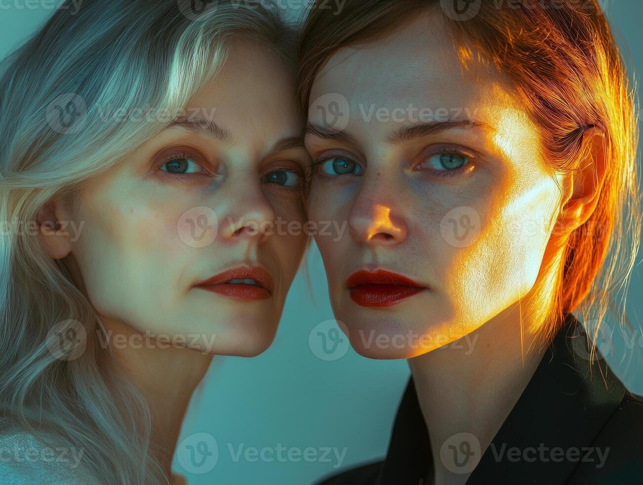 Two women from different generations, standing close, their faces illuminated softly, with a clean background emphasizing their unique beauty photo