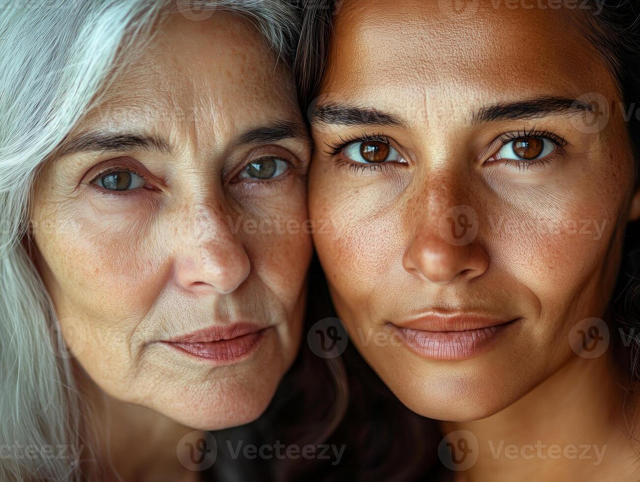 Two women from different generations, standing close, their faces illuminated softly, with a clean background emphasizing their unique beauty photo