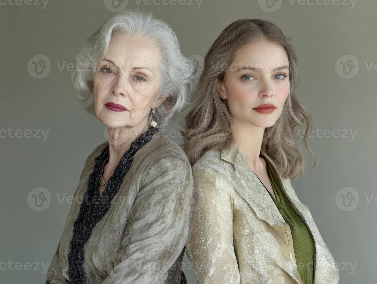 Two women, one older and one younger, posing side by side, both wearing elegant outfits, their expressions showing calmness and grace photo