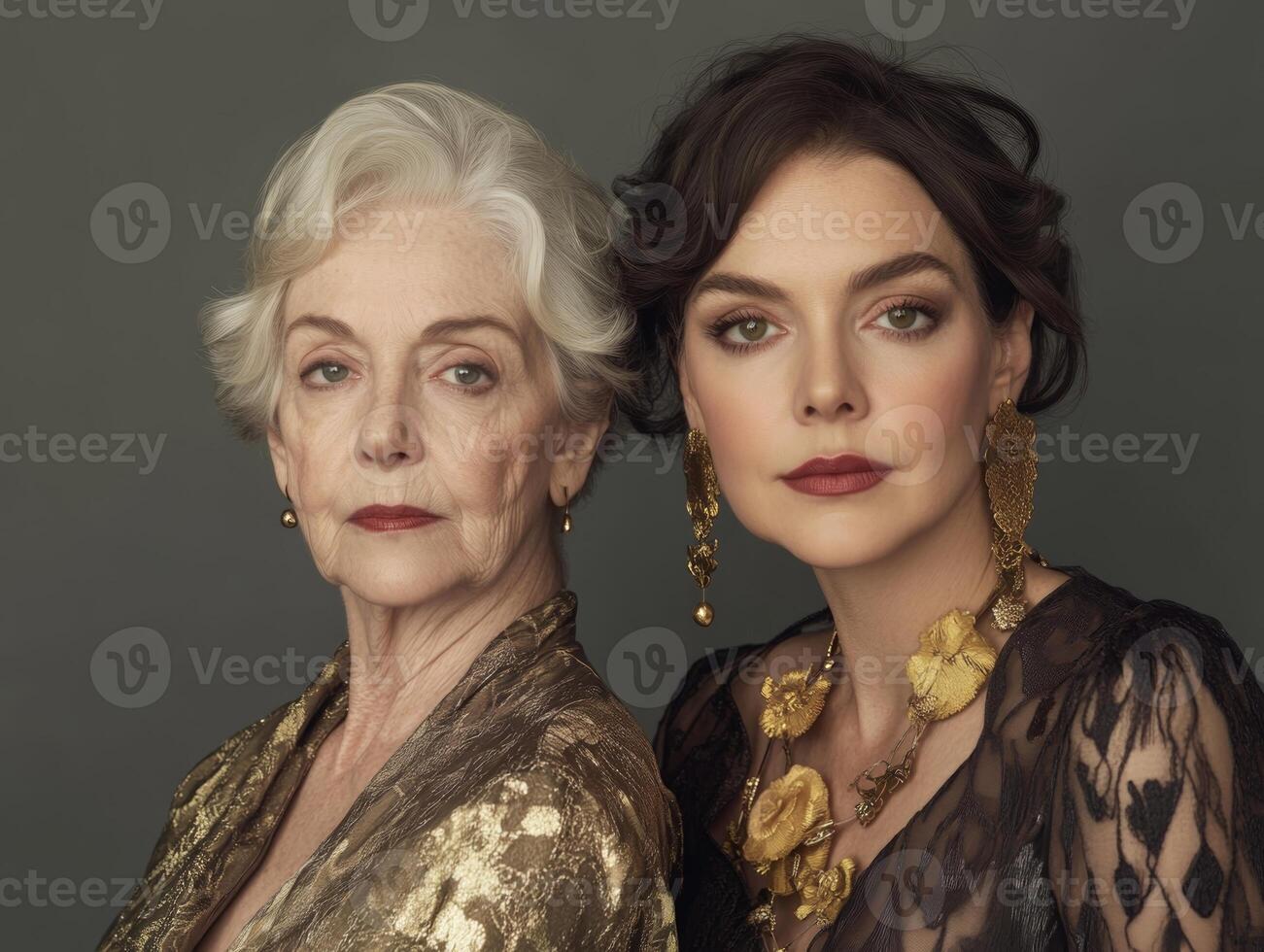 Two women, one older and one younger, posing side by side, both wearing elegant outfits, their expressions showing calmness and grace photo