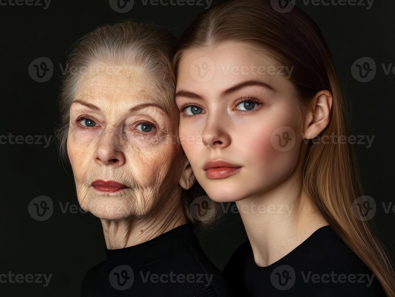 A duo portrait of two women, one older and one younger, their facial features highlighting the elegance of different ages photo