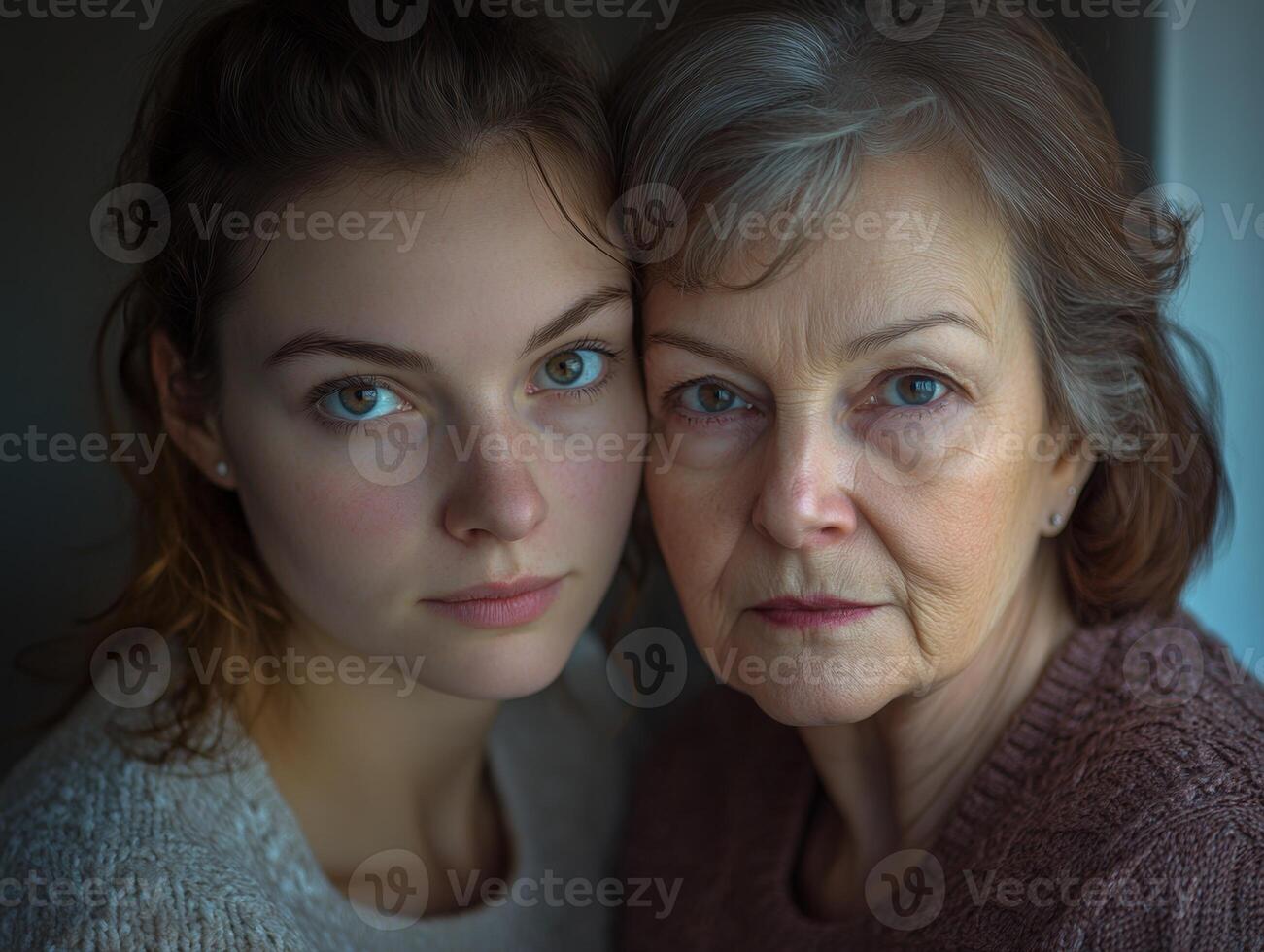 A pair of women, one in her twenties and the other in her fifties, standing close, looking directly at the camera with a soft and confident gaze photo