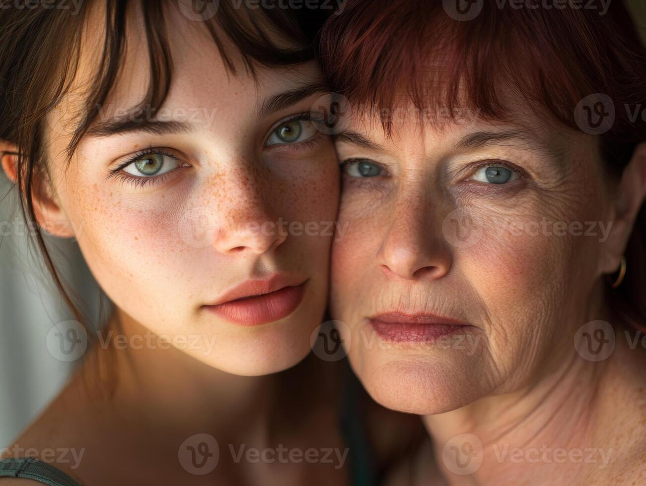 A pair of women, one in her twenties and the other in her fifties, standing close, looking directly at the camera with a soft and confident gaze photo