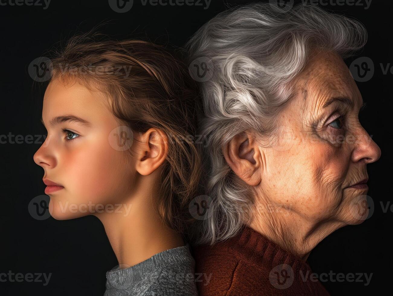 A side-profile portrait of two women, one younger and one older, both with thoughtful expressions, their age differences subtly visible photo