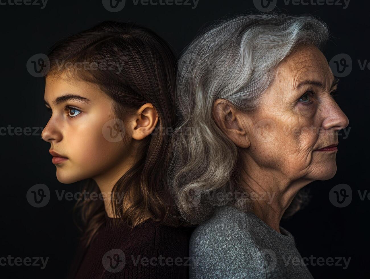 A side-profile portrait of two women, one younger and one older, both with thoughtful expressions, their age differences subtly visible photo